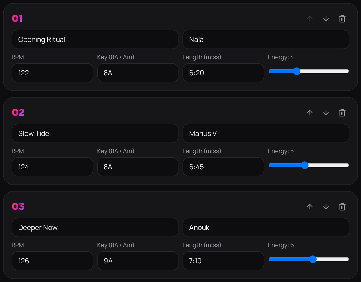 DJ Set Planner track builder with title, artist, BPM, key, length and energy fields filled in